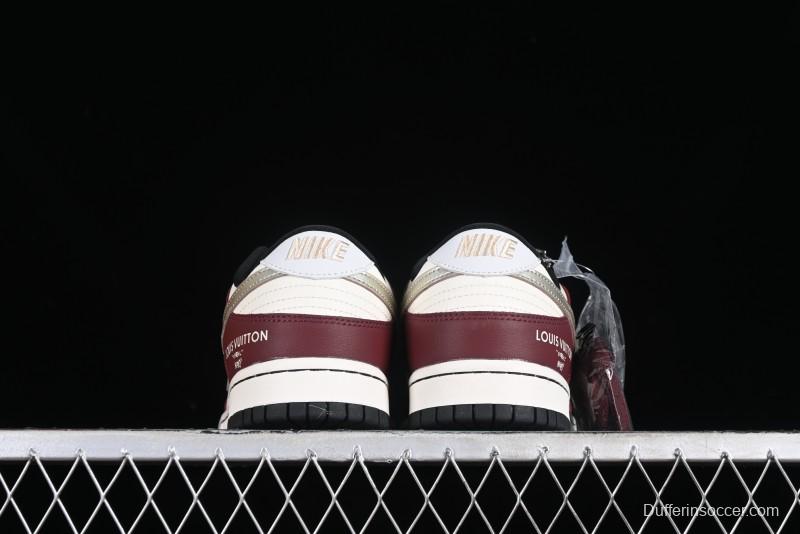 Louis Vuitton x Nike Dunk Low Customized Sneakers - Burgundy with Silver Swoosh SB Low Top Casual Skate Shoes - FC1688-188