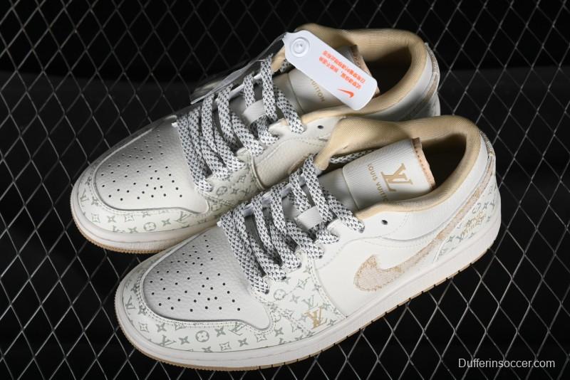 Nike Air Jordan 1 Low AJ1 Louis Vuitton Print Khaki Custom High-End Low-Top Basketball Shoes - SJ9950-004
