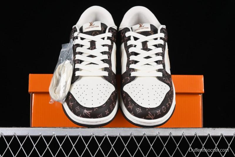 Nike SB Dunk Low LV Collaboration - Checkerboard Brown White Swoosh Anniversary High-End Custom Low-Top Casual Sneakers - SJ2068-253