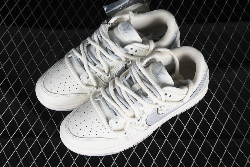 Nike SB Dunk Low LV Collaboration Strap White Grey Check Anniversary High-End Custom Low-Top Casual Skate Shoes - SJ2068-245