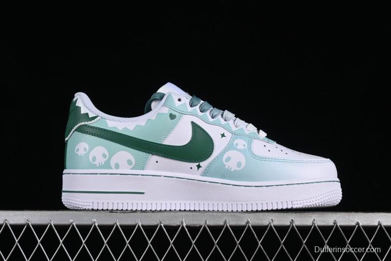 Nike Air Force 1 '07 Low Witch Collaboration Custom Leather Sneakers with Skull and Gradient White-Green Design - CW2288-111