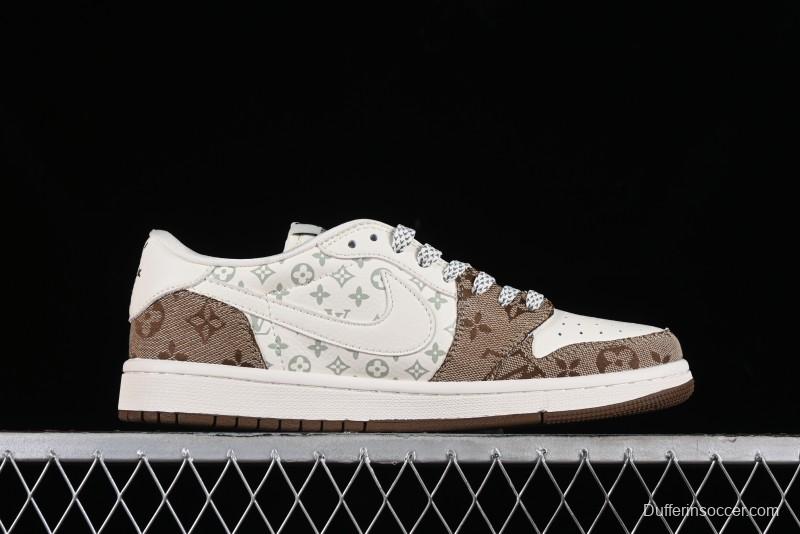 Nike Travis Scott x Fragment Design x Jordan Air Jordan 1 Low OG SP AJ1 LV Light Brown Print Casual Sneakers - SJ2068-102