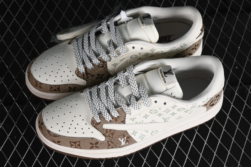 Nike Travis Scott x Fragment Design x Jordan Air Jordan 1 Low OG SP AJ1 LV Light Brown Print Casual Sneakers - SJ2068-102
