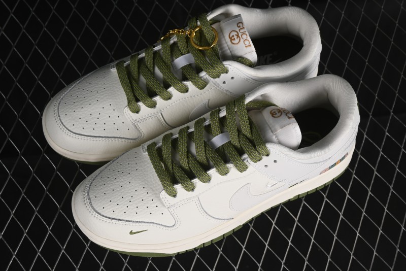 Nike SB Dunk Low Gucci Collaboration - Off White with Green Swoosh Anniversary High-End Custom Low-Top Casual Skate Shoes - KK1888-007