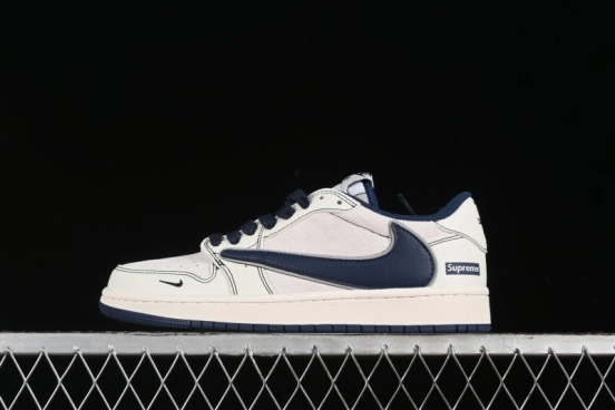 Nike Travis Scott x Fragment Design x Air Jordan 1 Low OG SP AJ1 Supreme Collaboration - Dark Blue Swoosh Low-Top Casual Sneakers - XZ2268-001