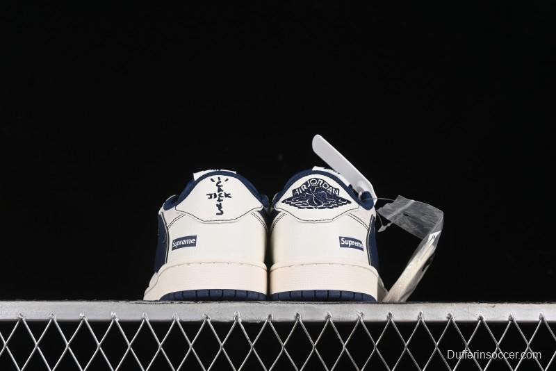 Nike Travis Scott x Fragment Design x Air Jordan 1 Low OG SP AJ1 Supreme Collaboration - Dark Blue Swoosh Low-Top Casual Sneakers - XZ2268-001