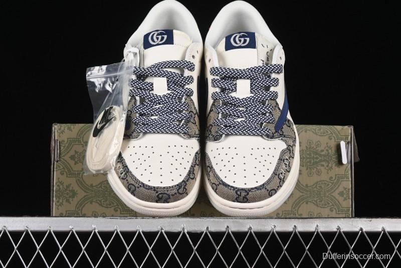 Nike Travis Scott x Fragment Design x Air Jordan 1 Low OG SP AJ1 Gucci Collaboration - Silver Logo Blue Swoosh Low Top Casual Sneakers - XY2688-118