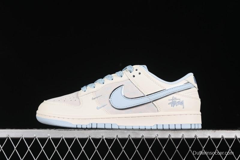 Nike SB Dunk Low Stussy Collaboration - Double Swoosh Ice Blue Anniversary Custom Low-Top Casual Skate Shoes - XX2026-101