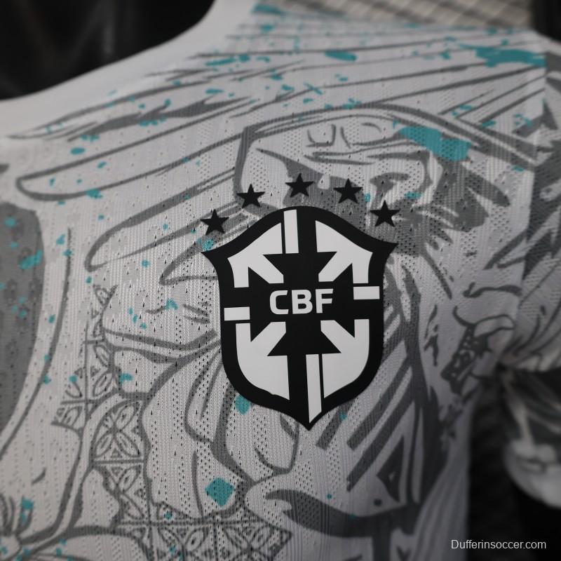 Player Version 2025 Brazil White with Blue Macaw Jersey