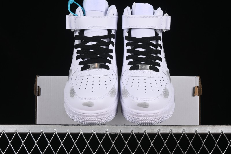Nike Air Force 1 '07 Mid Casual Sneakers in White/Grey/Black with Hand-Painted Cracked Swoosh Shadow Detail - CW2289-111