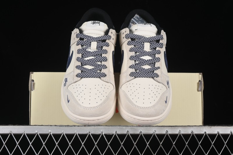 Nike SB Dunk Low Supreme x Stussy Triple Collaboration - Off White Navy Swoosh Anniversary Custom Low-Top Casual Sneakers - SJ2068-301
