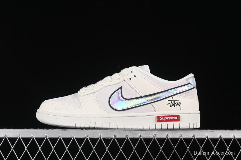 Nike SB Dunk Low Supreme x Stussy Triple Collaboration - Beige Silver Swoosh Anniversary Custom Low-Top Casual Skate Shoes - KK1333-005