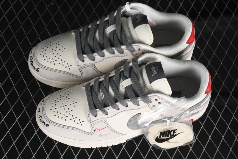 Nike SB Dunk Low Stussy Collaboration - Embroidered Grey Swoosh Anniversary Custom Low-Top Casual Sneakers - MM1089-033