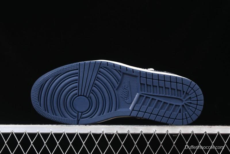 Nike Travis Scott x Fragment Design x Air Jordan 1 Low OG SP AJ1 Stussy Collaboration - Grey Blue Hook Lace Low Top Casual Sneakers - SJ0086-140