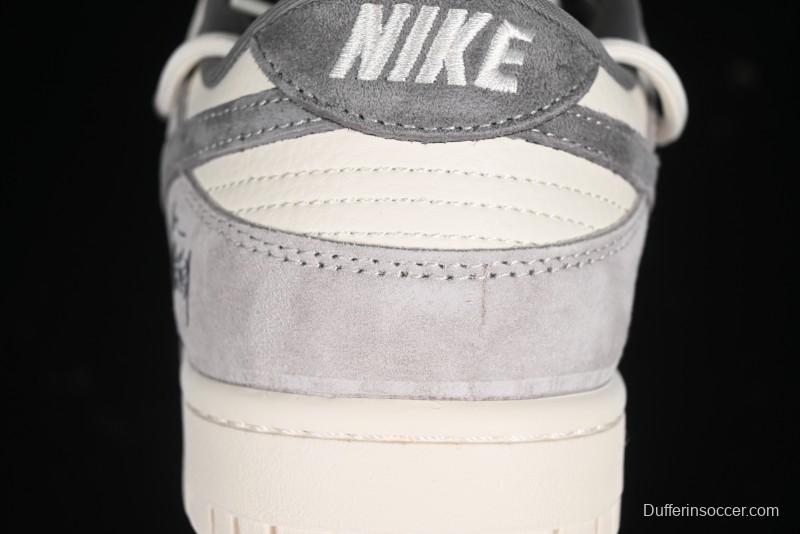 Nike SB Dunk Low Stussy Collaboration - Strap Grey Embroidered Swoosh Anniversary Custom Low-Top Casual Skate Shoes - SJ2068-307