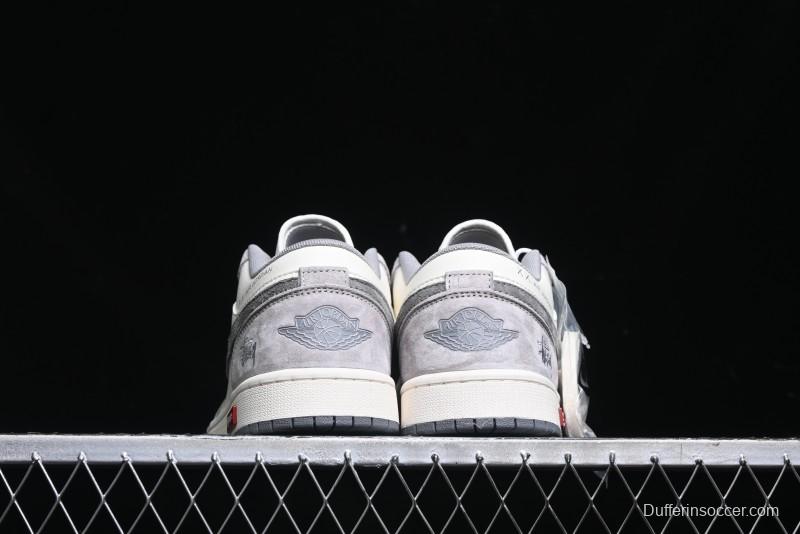 Nike Air Jordan 1 Low Stussy Collaboration - Grey White Dual-Tone Red Tag Retro Basketball Shoes - SJ9950-031