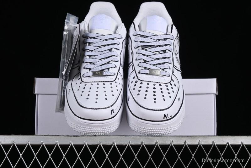 Nike Air Force 1 '07 Low Casual Sneakers with Black and White Hand-Drawn Manga Design - CW2288-811