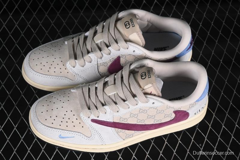 Nike Travis Scott x Fragment Design x Air Jordan 1 Low OG SP AJ1 Gucci Collaboration Low-Top Casual Sneakers with Pink Swoosh - CH6336-019