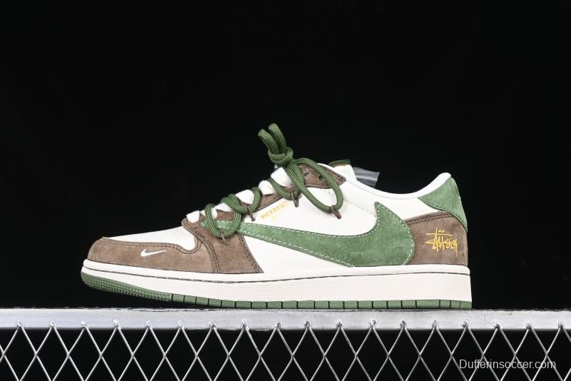 Nike Travis Scott x Fragment Design x Air Jordan 1 Low OG SP AJ1 Stussy Collaboration Suede Green Low Top Casual Sneakers - XS3186-202