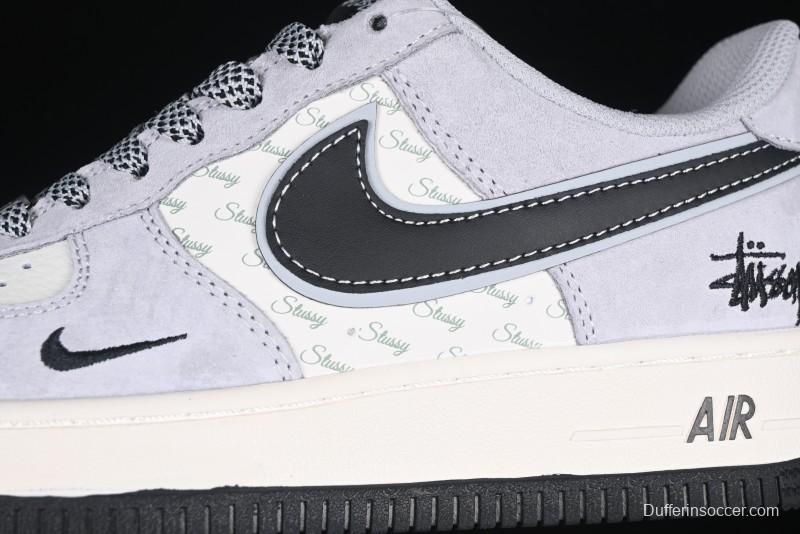 Nike Air Force 1 '07 Low Stussy Collaboration Grey Pigskin Black Swoosh Low-Top Casual Sneakers - XZ3318-099