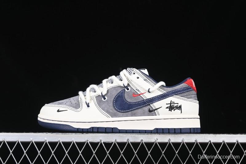 Nike SB Dunk Low Stussy Collaboration Anniversary Custom Low-Top Casual Sneakers with Strap in Beige Grey and Navy - YX5066-236