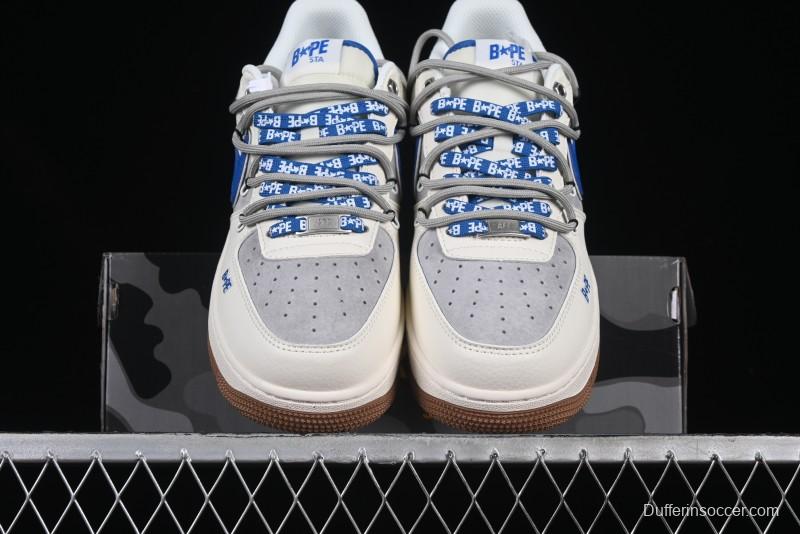 Nike Air Force 1 '07 Low Bape Collaboration Beige Blue Gum Pull Tab Casual Sneakers - SJ1198-112