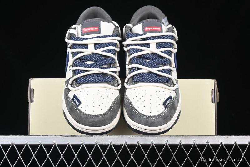 Nike SB Dunk Low Supreme Collaboration - Grey White Blue Swoosh Lace-Up Anniversary Customized Low-Top Casual Skate Shoes - XS1186-100