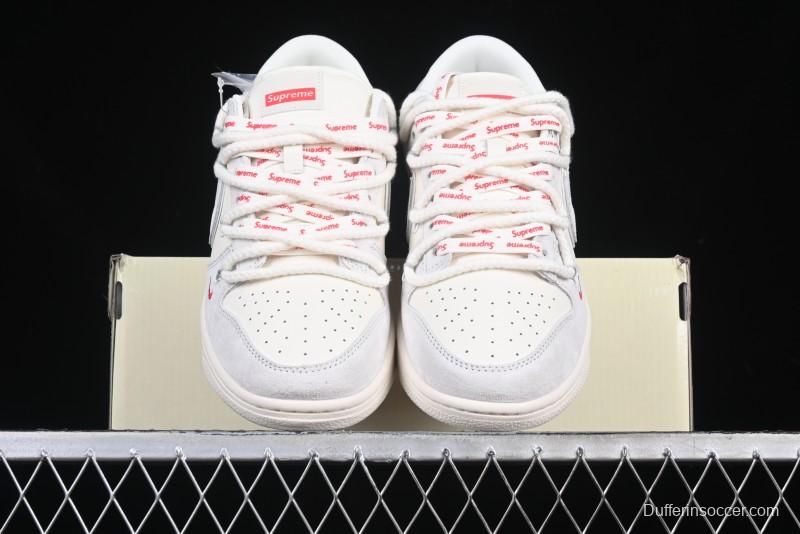 Nike SB Dunk Low Supreme Collaboration Light Gray Drawstring Anniversary High-End Custom Low-Top Casual Skate Shoes - XX3168-109