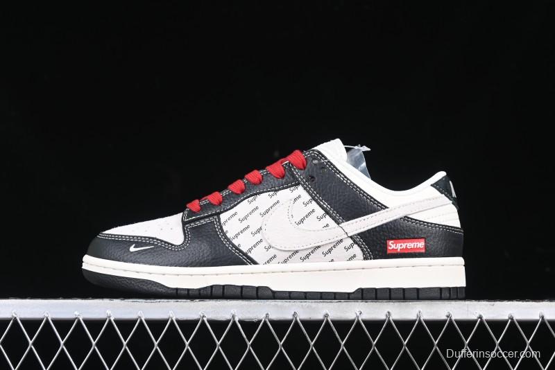 Nike SB Dunk Low Supreme Collaboration - Black Leather Texture Anniversary High-End Custom Low-Top Casual Skate Shoes - XS1086-020