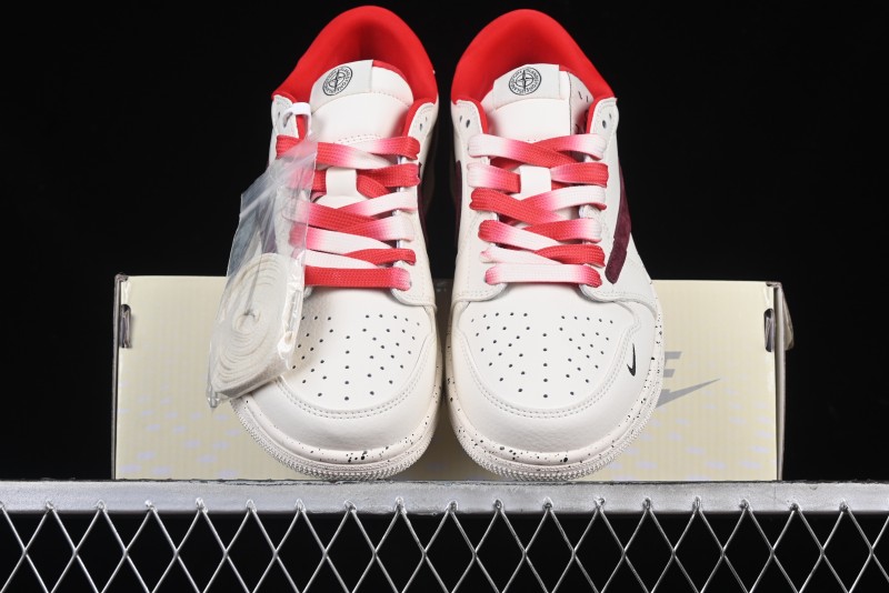 Nike Travis Scott x Fragment Design x Air Jordan 1 Low OG SP AJ1 Stone Island Collaboration Pomegranate Red Low-Top Casual Sneakers - CF3688-077