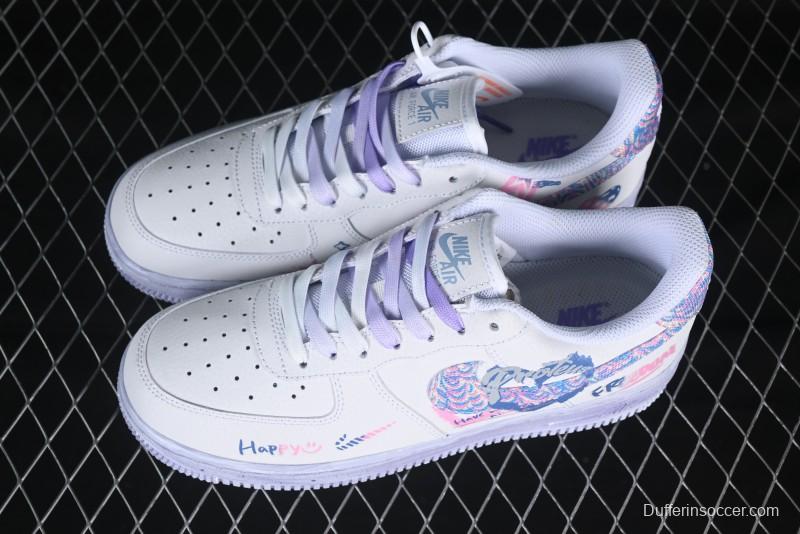 Nike Air Force 1 '07 Low Double Hearts Casual Sneakers with Hand-Drawn Anime Doodle and Pink Blue Hearts - CZ0377-002