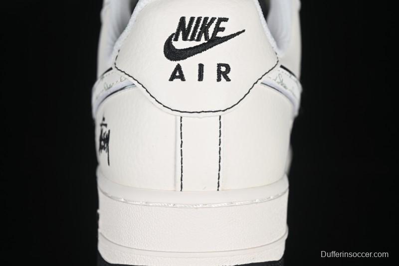 Nike Air Force 1 '07 Low Stussy Collaboration Beige Black Floral Swoosh Casual Sneakers - HH7518-040