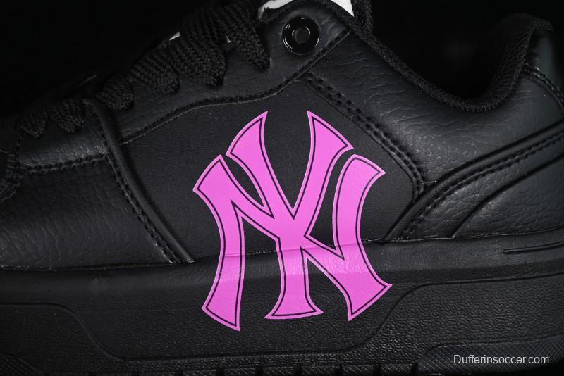 NY Yankees Black Leather Sneakers with Bold Pink Logo