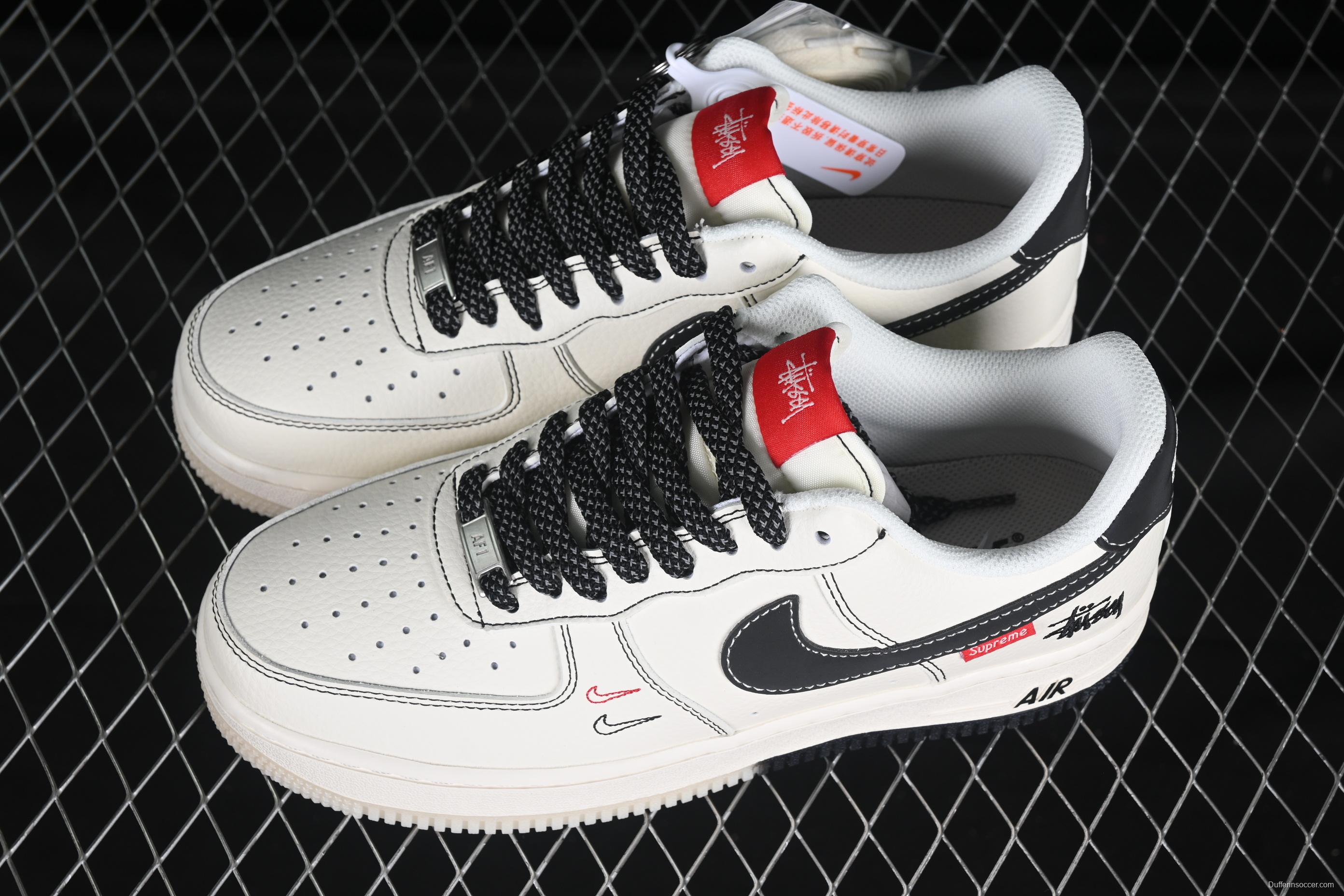 Nike Air Force 1 '07 Low Stussy Collaboration Black Dual-Tone Embroidery Casual Sneakers - HH7518-036