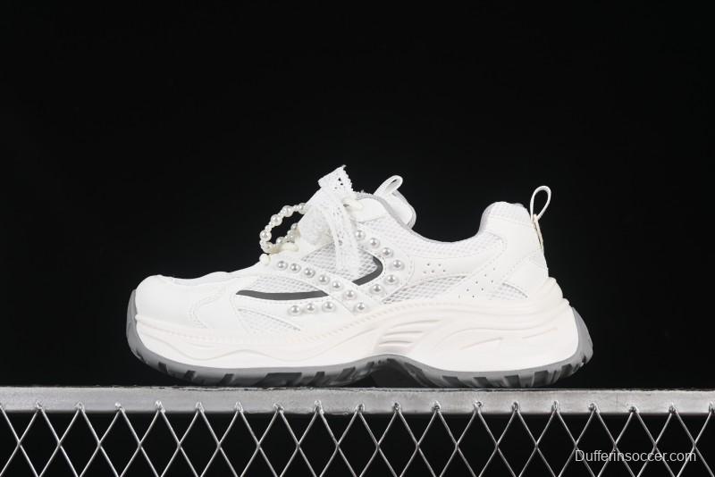 GG-CC Lace Pearl Chain Casual Platform Dad Shoes - 250310 White