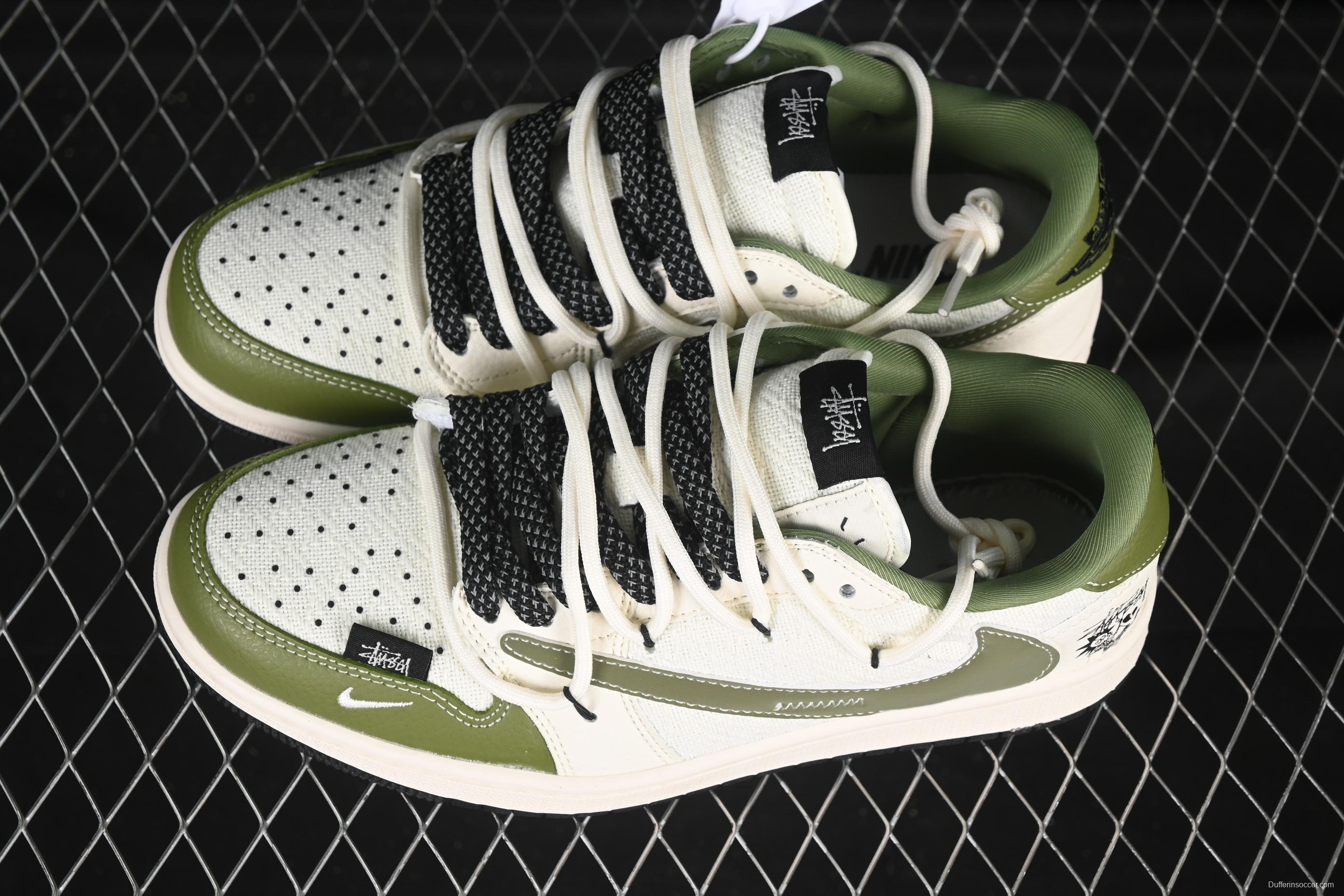 Nike Travis Scott x Fragment Design x Air Jordan 1 Low OG SP AJ1 Stussy Collaboration Green Hemp Lace-Up Low-Top Casual Sneakers - DM6868-104