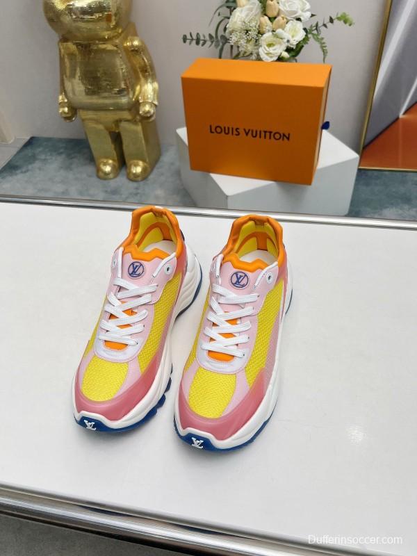 2025 Women Louis Vuitton Yellow Pink Blue Mesh Leather Sneakers