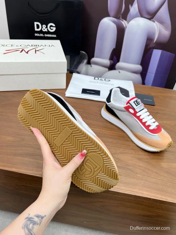 2025 Unisex Dolce & Gabbana Gray Red Beige PU Leather Mesh Sneakers LY00300