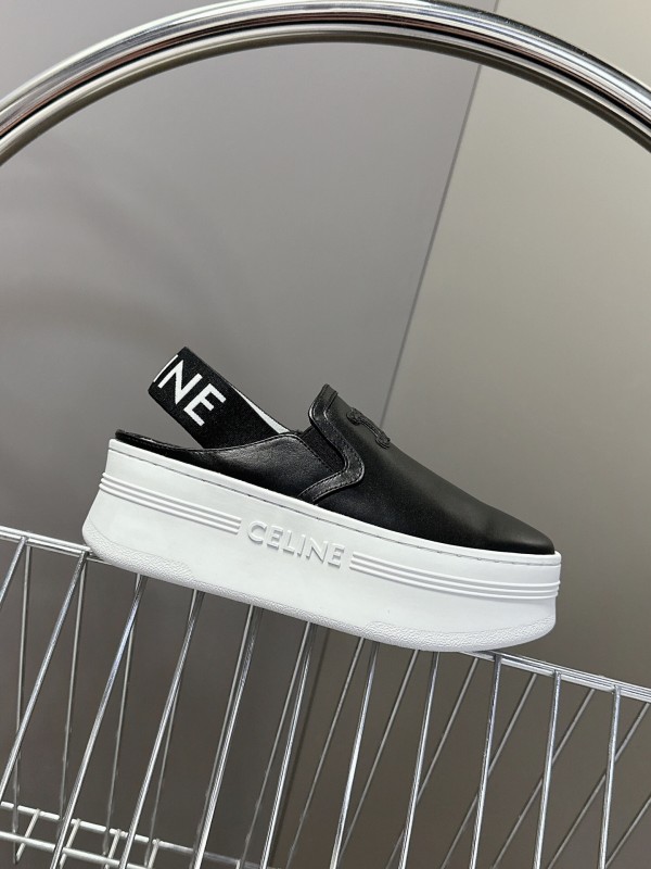 2025 Women CELINE Black White Leather Slip-On Sneakers LY00280