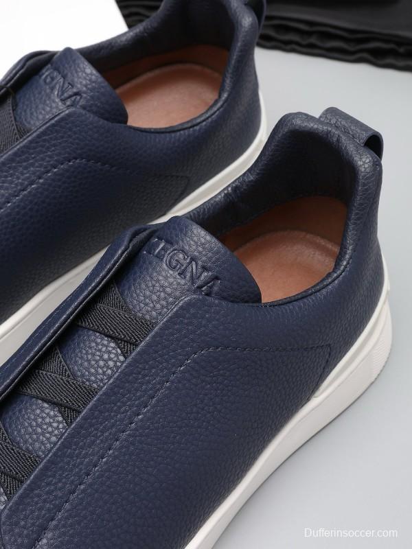 2024 Men Ermenegildo Zegna Navy Leather Low Top Sneakers MJ00240