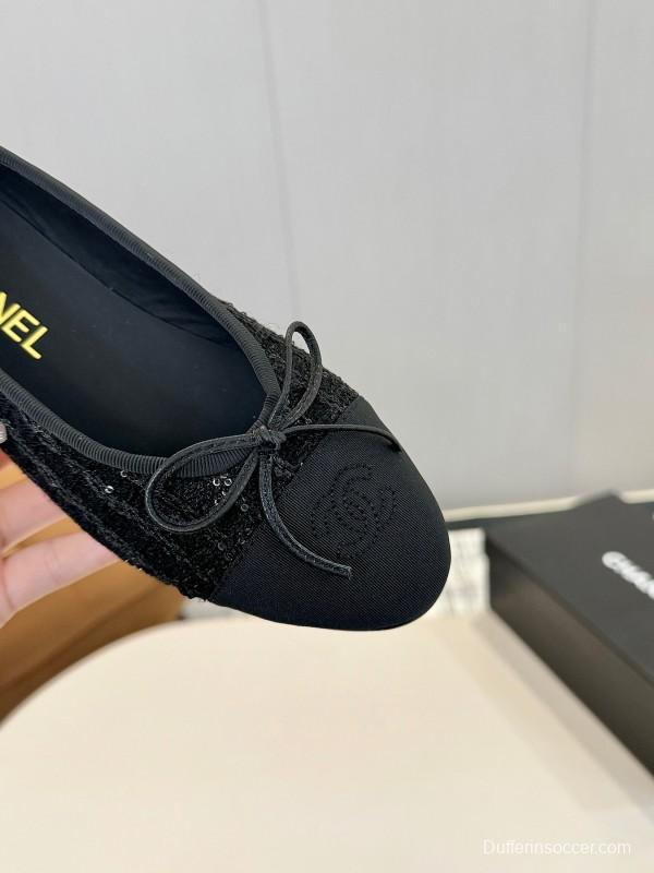 2025 Women Chanel Black Wool Ballet Flats LY00250