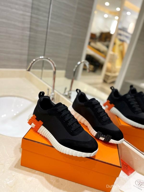 2024 Unisex Hermès Black Orange Glossy Calfskin Nylon Sneakers MJ00320