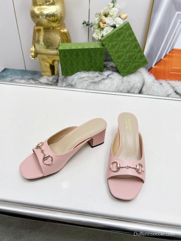 2025 Women Gucci Pink Leather Block Heel Mules MJ00180