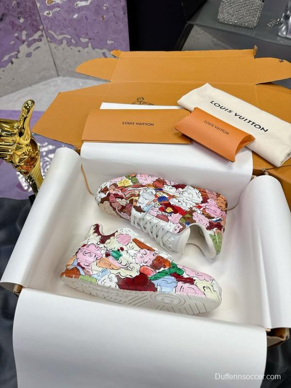 2024 Unisex Louis Vuitton White Pink Red Leather Canvas Sneakers Collaboration MJ00780