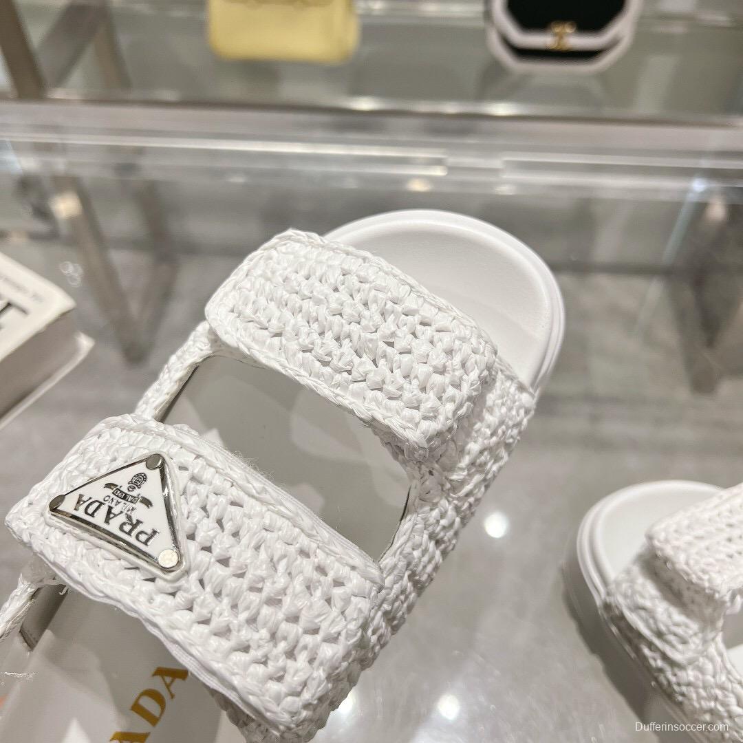 2025 Women Prada White Knitted Platform Sandals