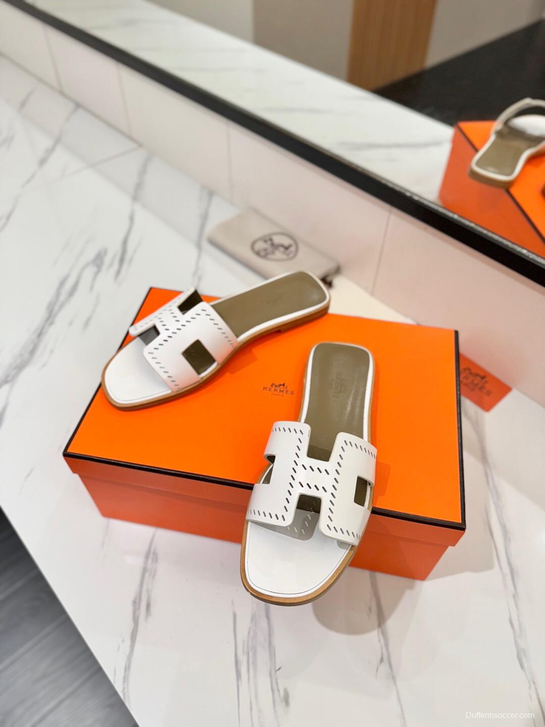2025 Women Hermès White Leather Slippers
