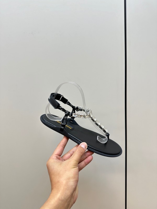 2025 Women Miu Miu Black Leather Rhinestone Sandals LY