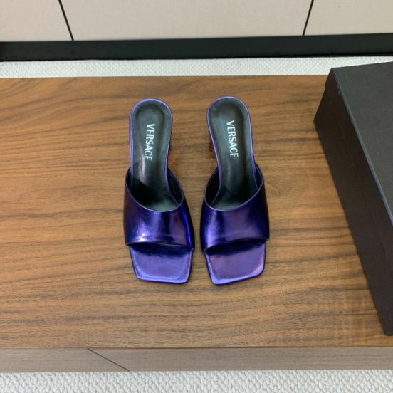 2025 Women VERSACE Purple Leather Slippers