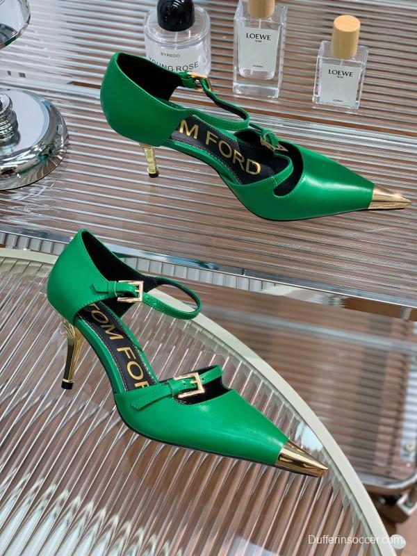 2025 Women TOM FORD Green Gold Leather Pointed Toe Mary Jane KFY00320
