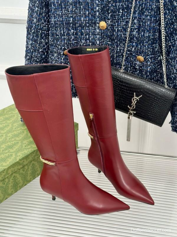 2024 Women Gucci Wine Leather Knee High Boots Chain Link MJ00550